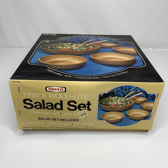 Vintage Nevco 7 Pc Wood Lite Salad Set Plastic Serving Bowl Salad Bowls Utensils - Picture 2 of 11